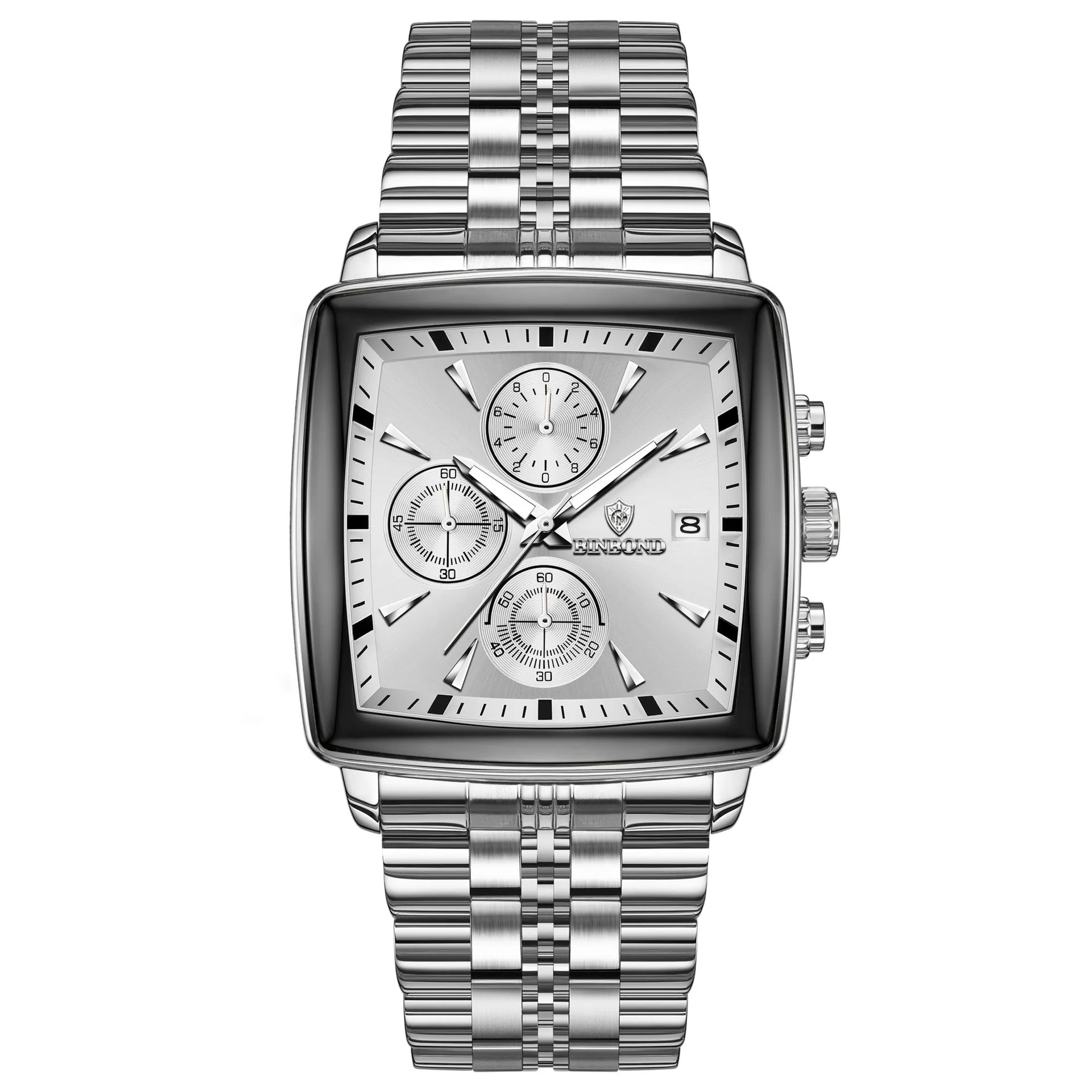 Men's rectangular stainless steel quartz watch with luminous hands and butterfly clasp in business style