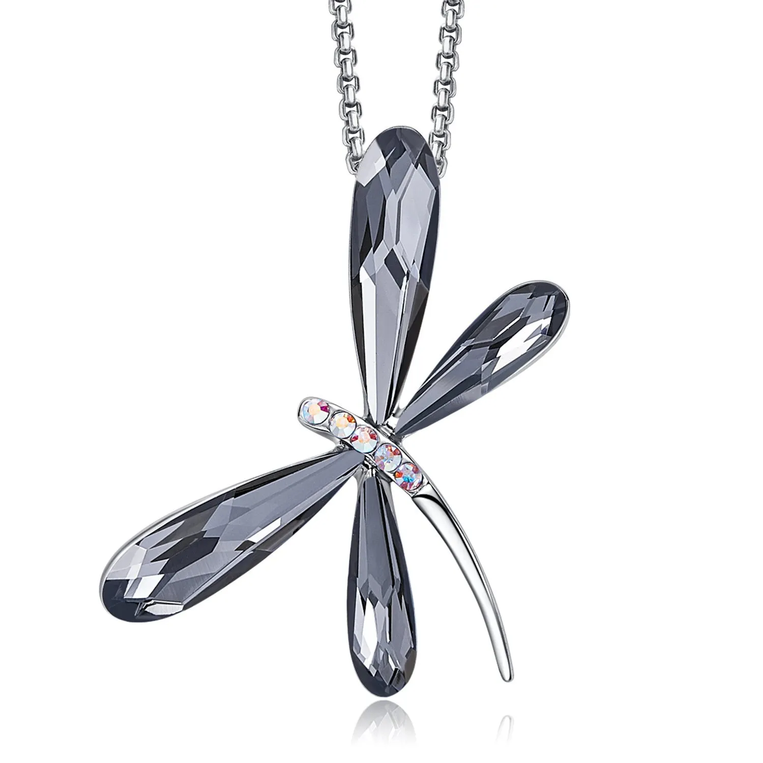Crystal dragonfly pendant necklace on copper box chain, adjustable 21-50cm, available in denim blue colour option
