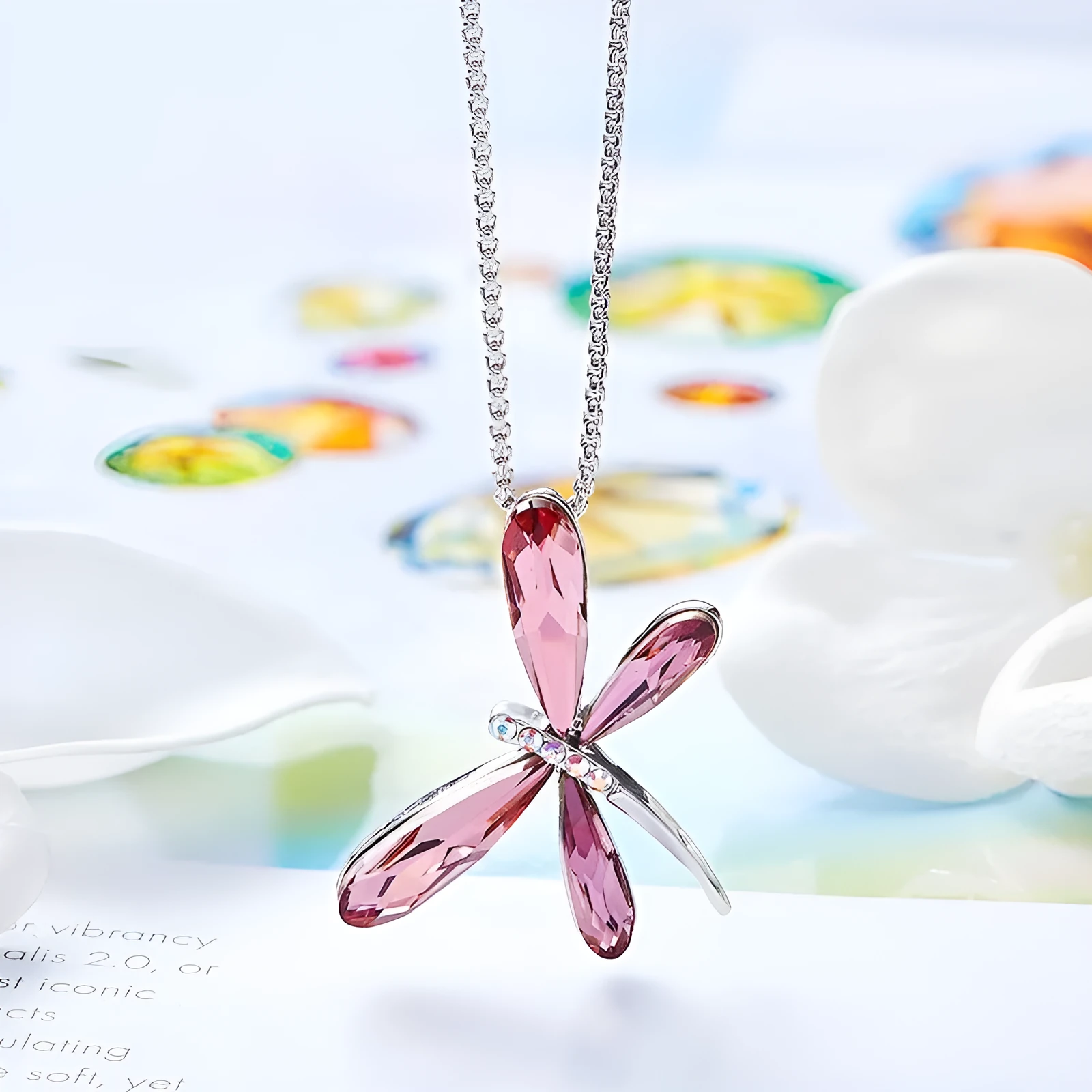 Crystal dragonfly pendant necklace on copper box chain, adjustable 21-50cm, available in denim blue colour option