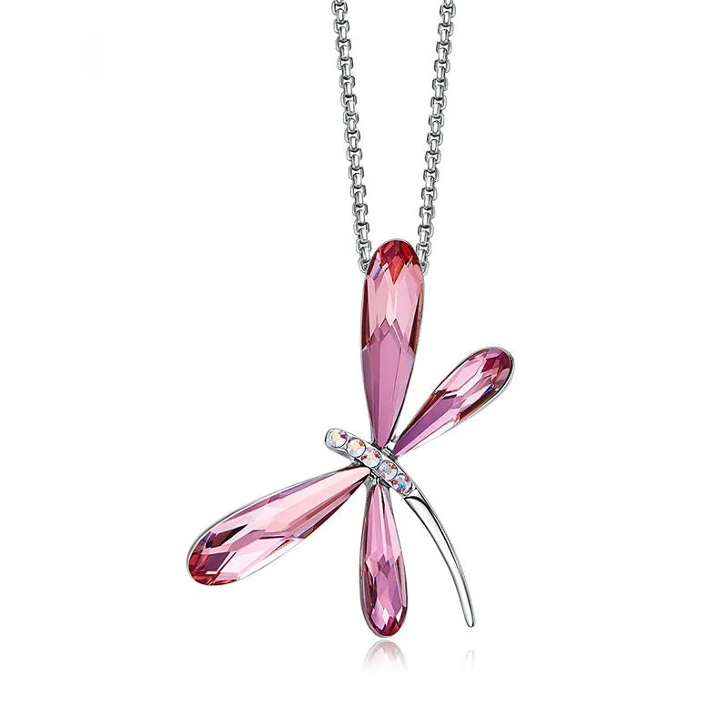 Crystal dragonfly pendant necklace on copper box chain, adjustable 21-50cm, available in denim blue colour option