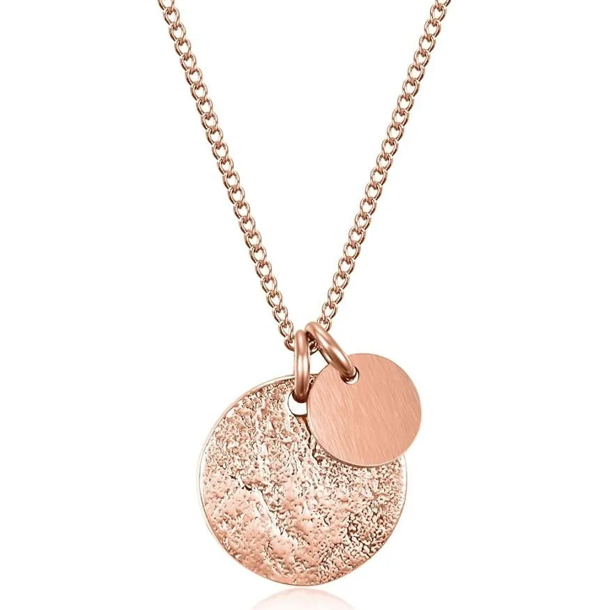 Round coin pendant necklace in gold finish on white background, adjustable 41-50cm stainless steel side chain