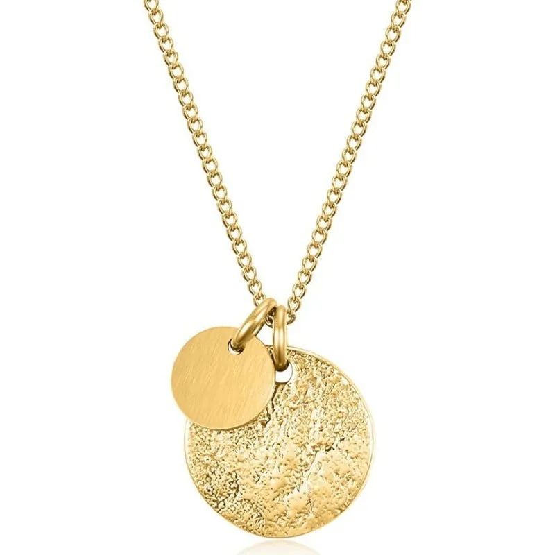 Round coin pendant necklace in gold finish on white background, adjustable 41-50cm stainless steel side chain
