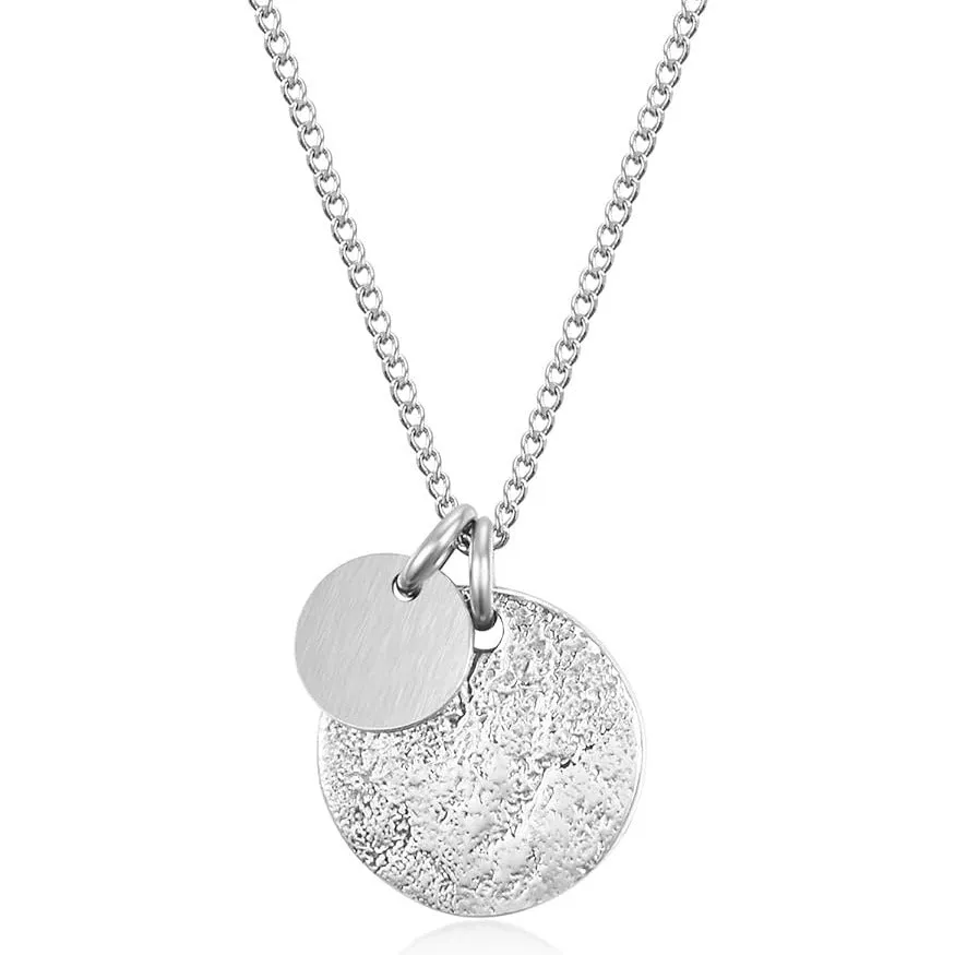Round coin pendant necklace in gold finish on white background, adjustable 41-50cm stainless steel side chain
