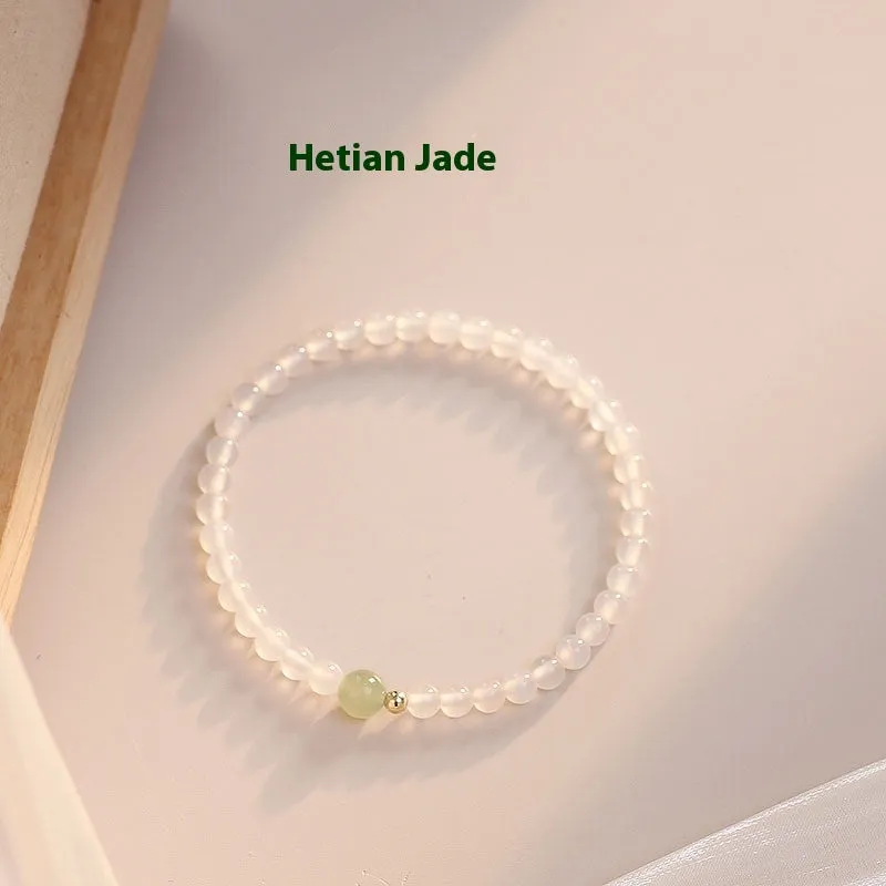 Handmade New Chinese style white agate beaded bracelet for women, 15 cm long.