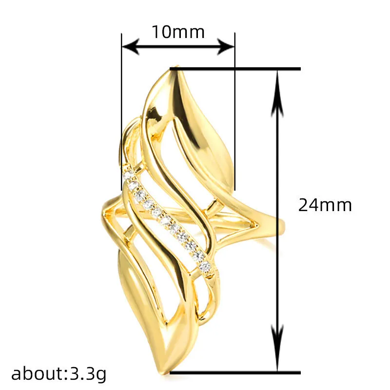 Gold-coloured copper women's ring with exaggerated curve design on finger