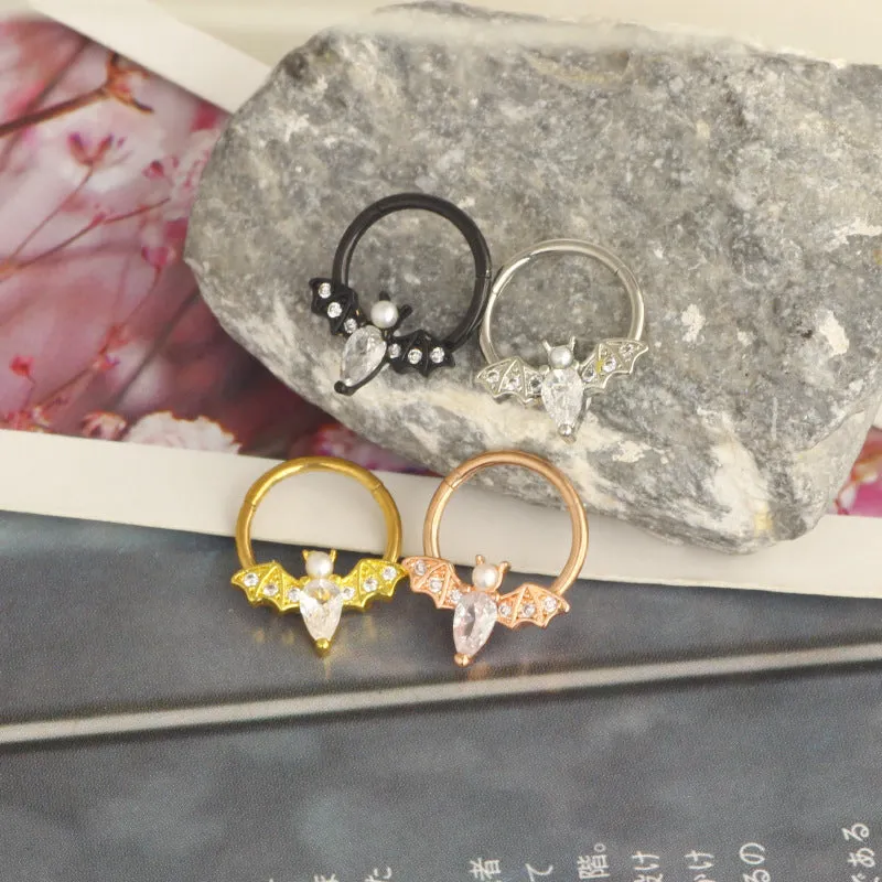 Closed-loop bat nose ring in stainless steel electroplated silver finish with star shape and moon elements