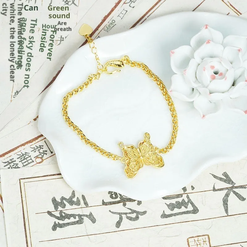 Gold-plated copper hollow butterfly bracelet with electroplated finish, retro style, gold colour