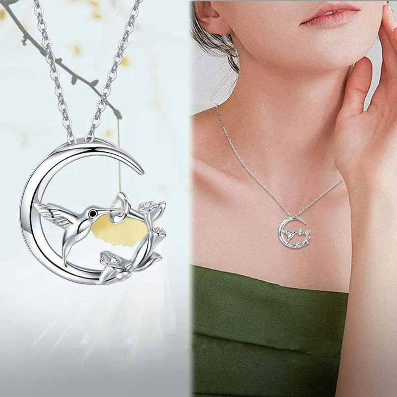 Copper O-link chain necklace for women with morning glory blossom and hummingbird pendant in platinum white gold colour