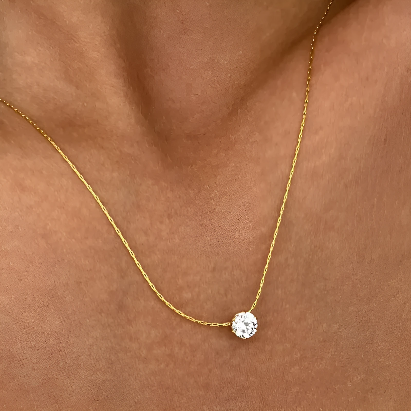 Gold plated 18K titanium steel six-claw round zircon pendant necklace with bamboo chain for women