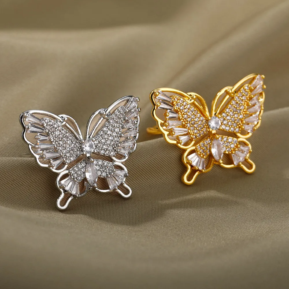 Three-dimensional butterfly-shaped copper ring with gold inlay, adjustable open design for women