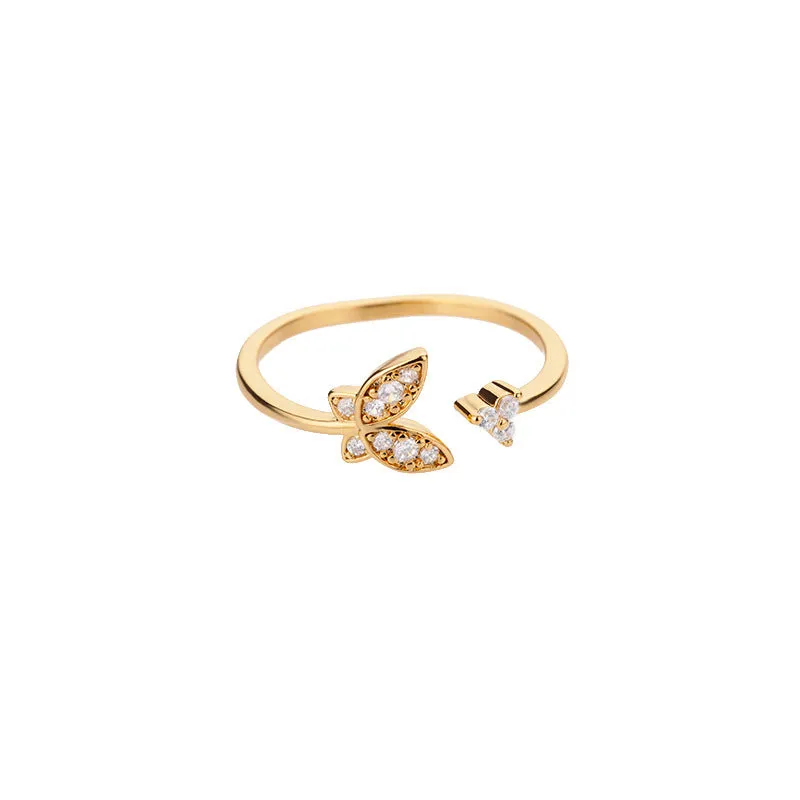 Three-dimensional butterfly-shaped copper ring with gold inlay, adjustable open design for women