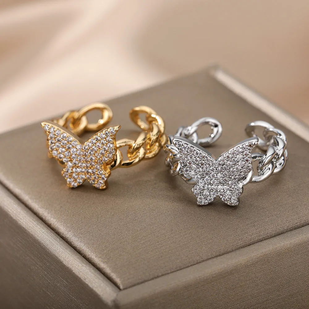 Three-dimensional butterfly-shaped copper ring with gold inlay, adjustable open design for women