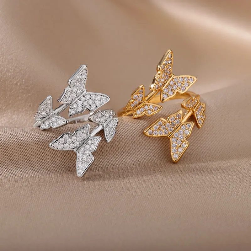 Three-dimensional butterfly-shaped copper ring with gold inlay, adjustable open design for women