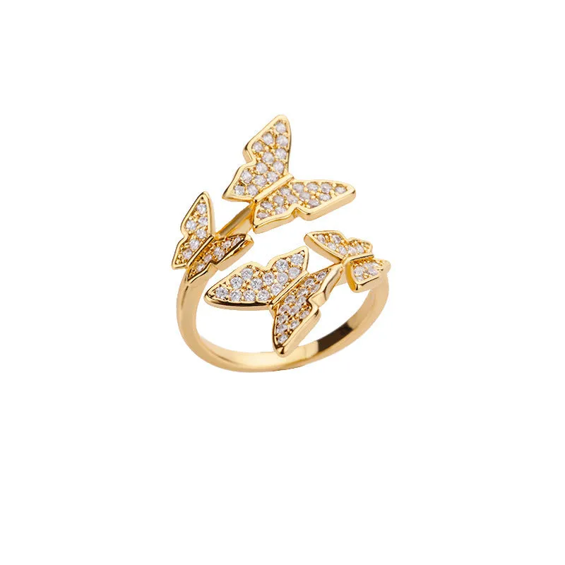 Three-dimensional butterfly-shaped copper ring with gold inlay, adjustable open design for women