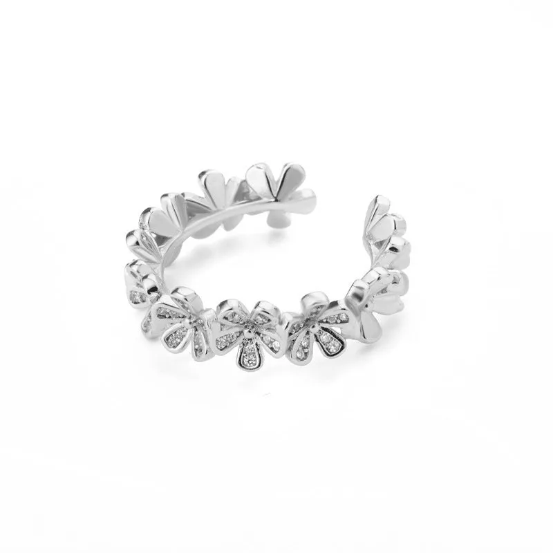 Women's open mouth adjustable ring with micro-inlaid zirconia floral petals in platinum copper finish