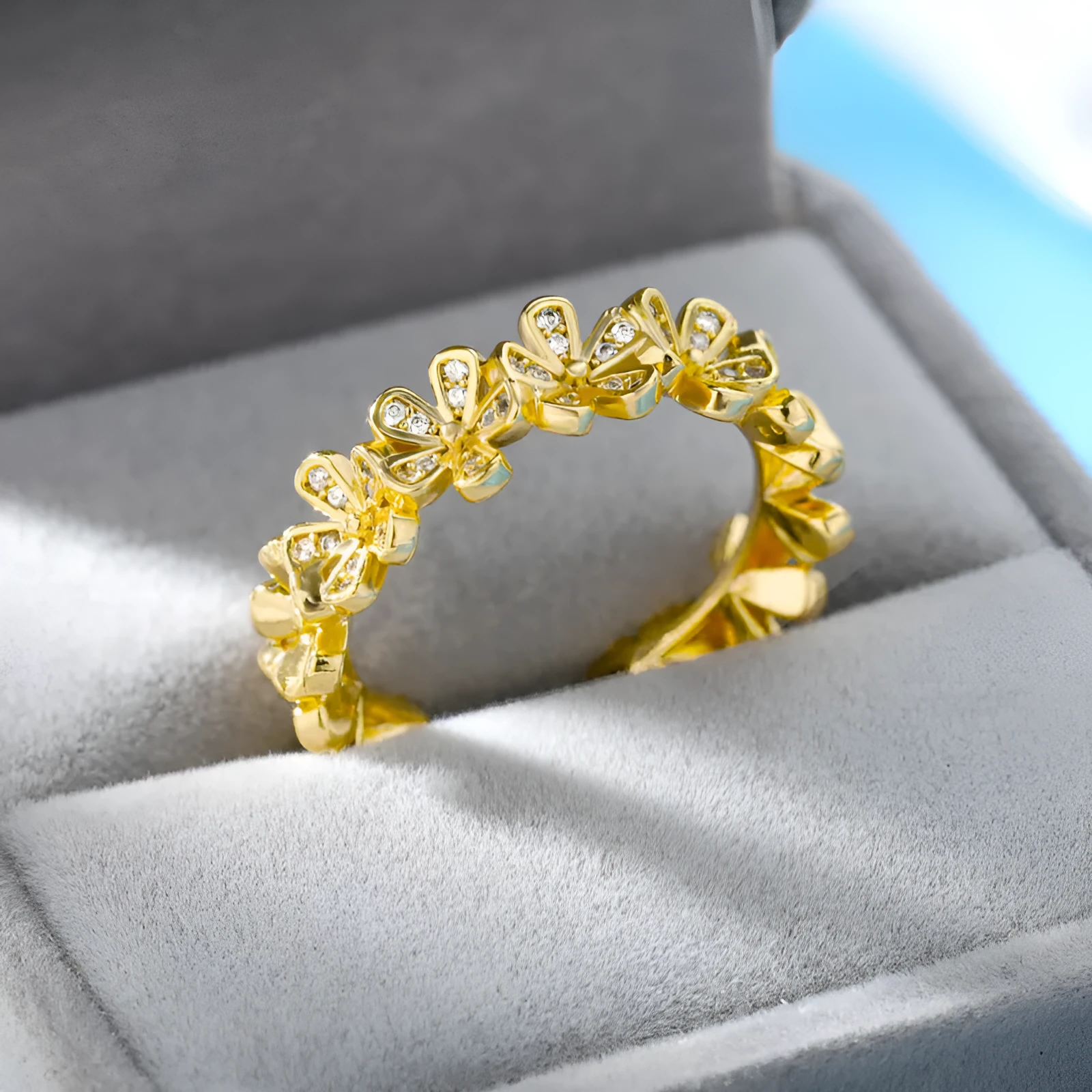 Women's open mouth adjustable ring with micro-inlaid zirconia floral petals in platinum copper finish
