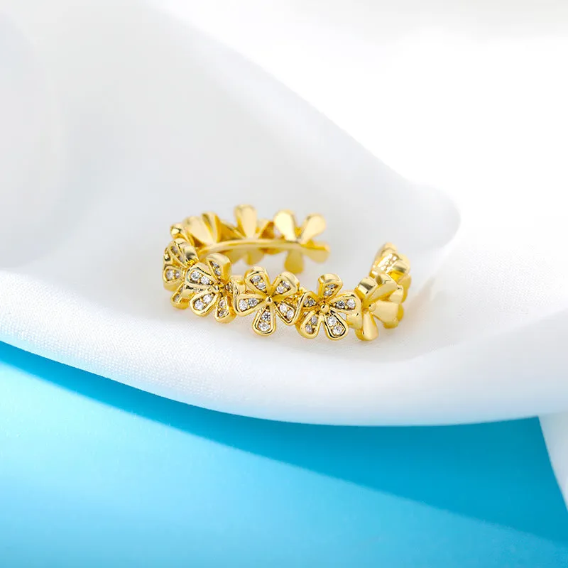 Women's open mouth adjustable ring with micro-inlaid zirconia floral petals in platinum copper finish