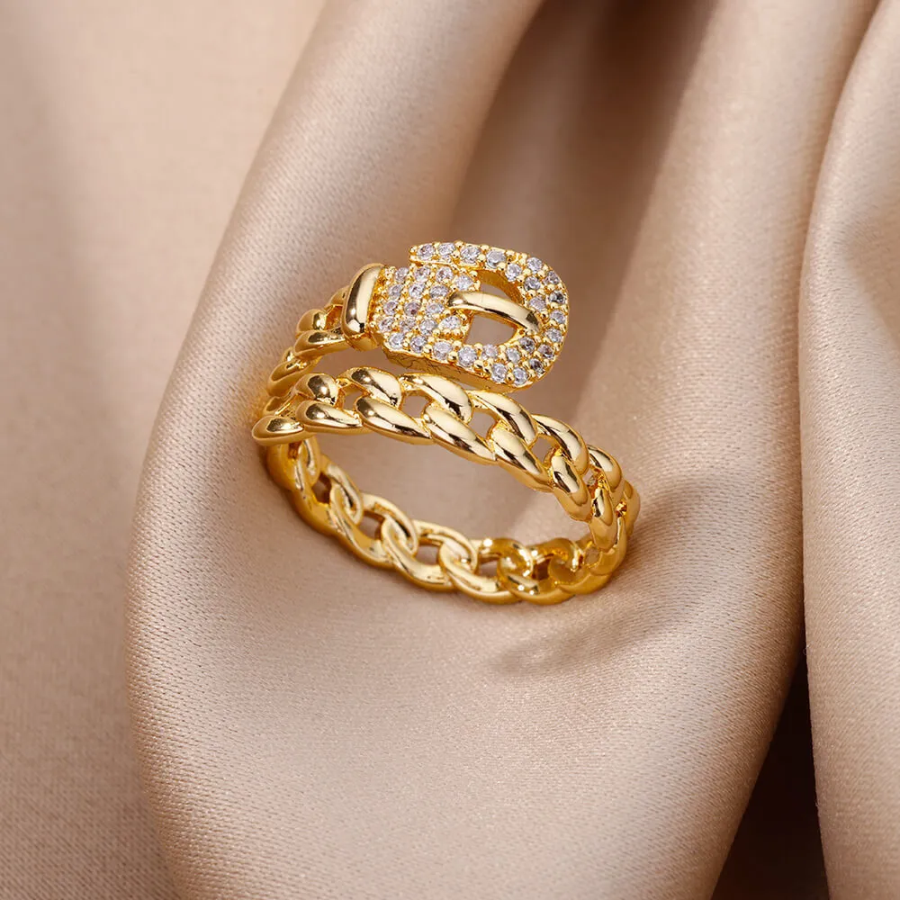 Copper belt open ring with micro-set zirconia stones, gold electroplated finish