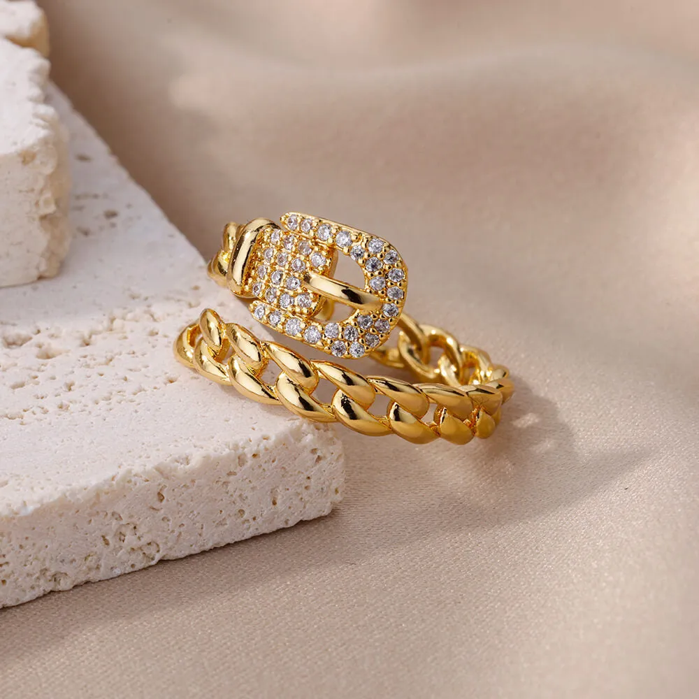 Copper belt open ring with micro-set zirconia stones, gold electroplated finish