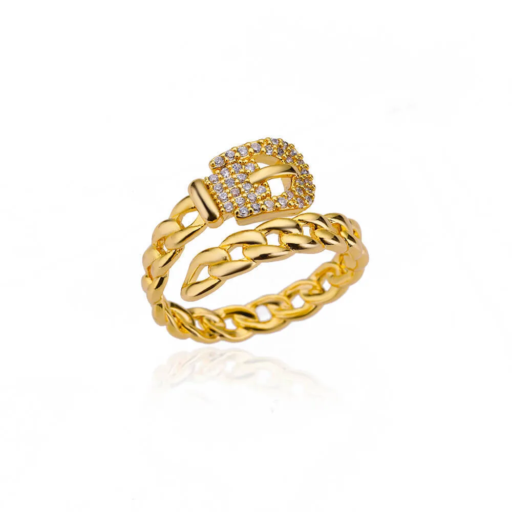 Copper belt open ring with micro-set zirconia stones, gold electroplated finish