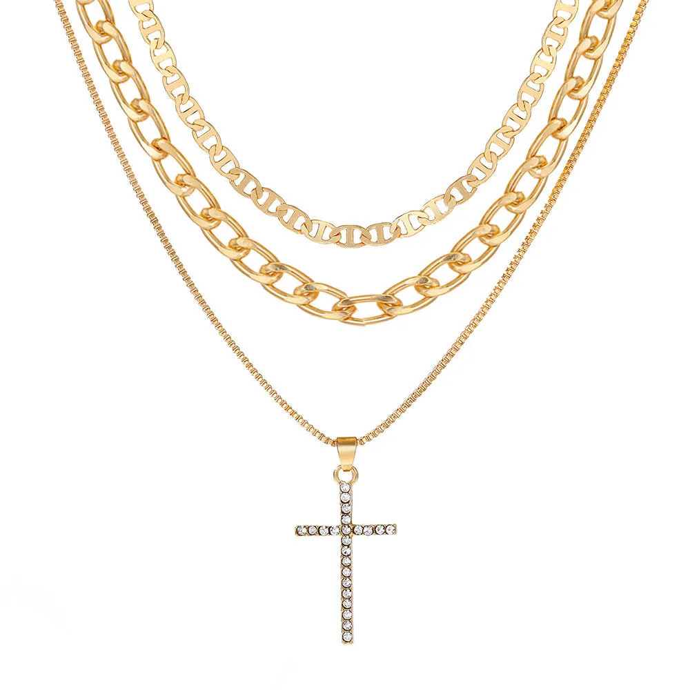 Layered multi-strand alloy geometric pendant necklace with electroplated gold finish for women