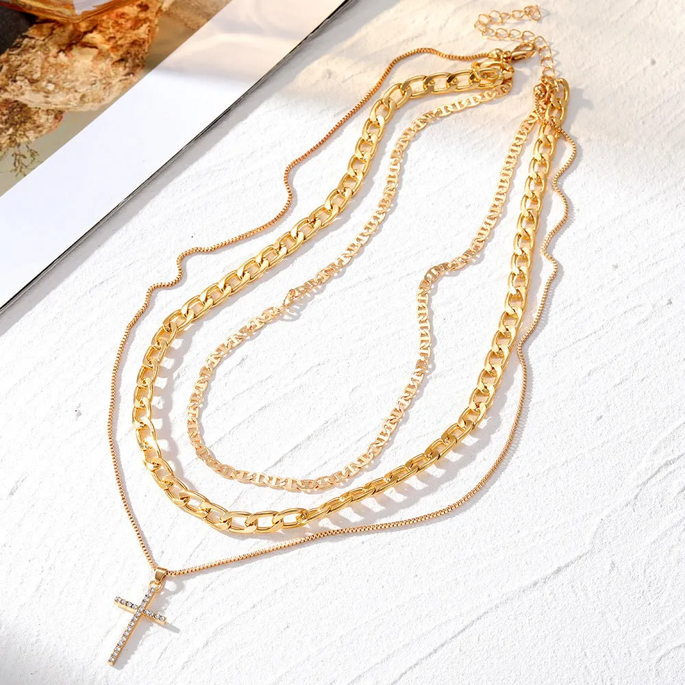 Layered multi-strand alloy geometric pendant necklace with electroplated gold finish for women