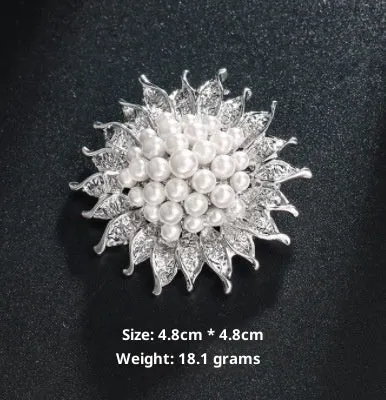 Minimalist pearl floral brooch with diamond flower detail in alloy, sweet and cool style, available in multiple colours