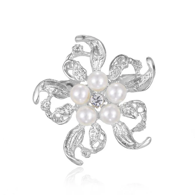 Minimalist pearl floral brooch with diamond flower detail in alloy, sweet and cool style, available in multiple colours