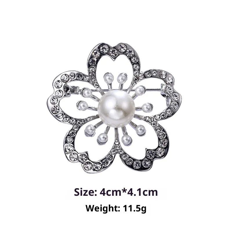 Minimalist pearl floral brooch with diamond flower detail in alloy, sweet and cool style, available in multiple colours