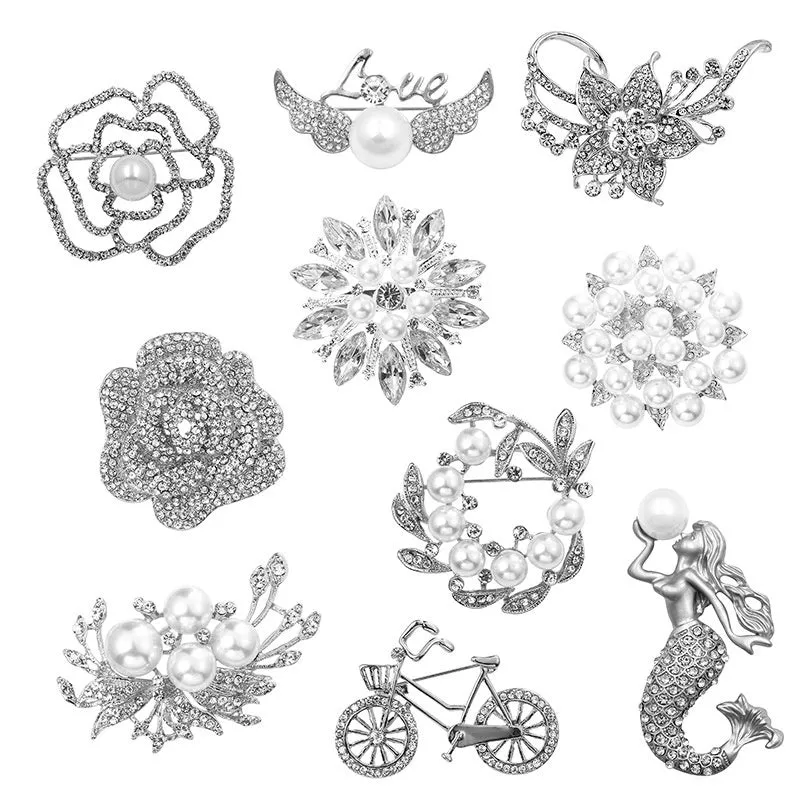 Minimalist pearl floral brooch with diamond flower detail in alloy, sweet and cool style, available in multiple colours