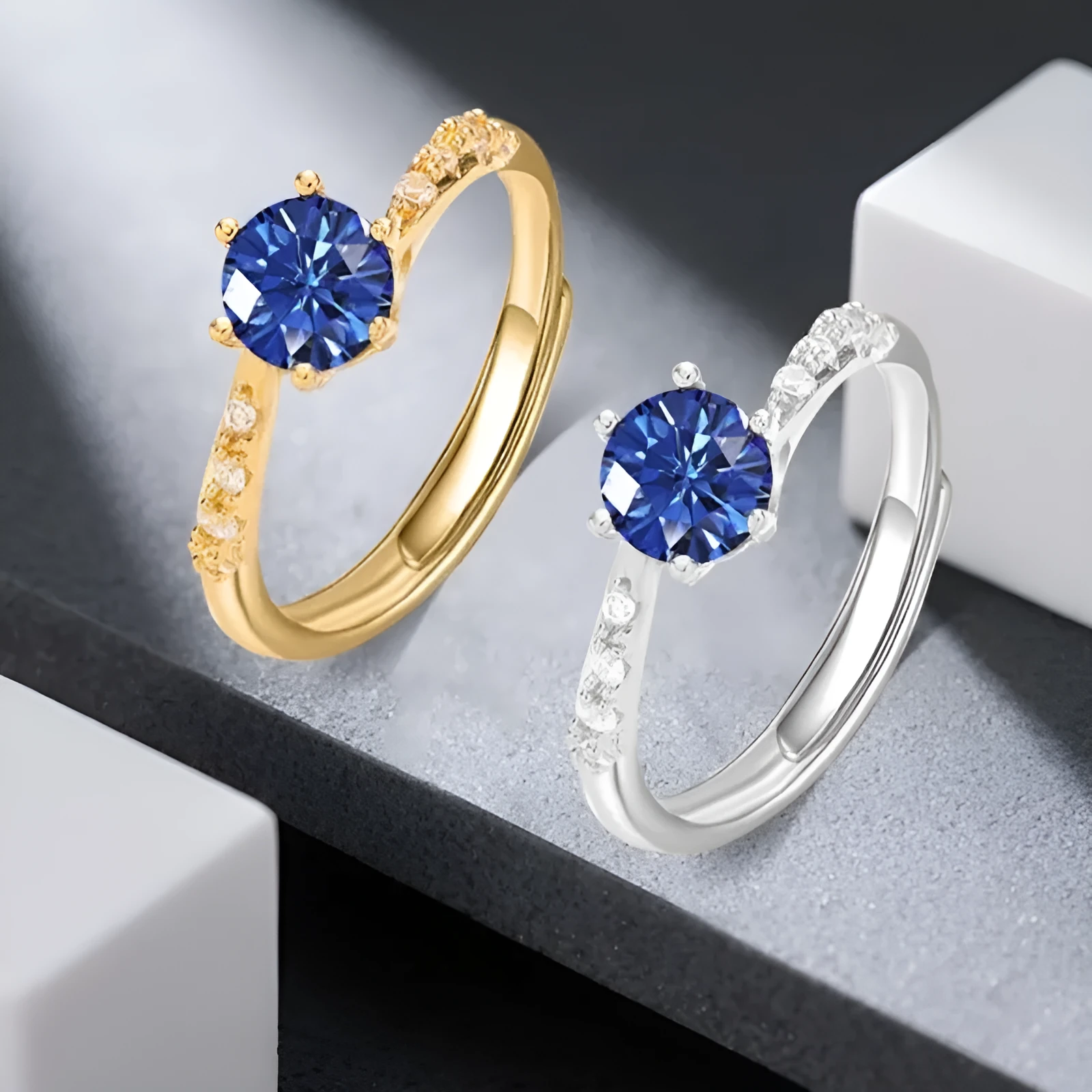 Women's adjustable open copper ring in platinum colour, geometric U-shape with round element, Korean style