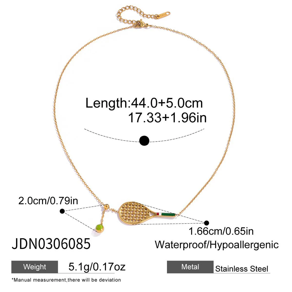 Women's titanium steel tennis racket pendant necklace with electroplated finish on stainless steel regular chain
