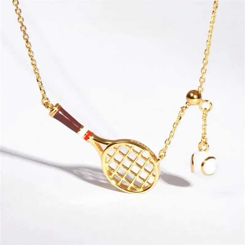 Women's titanium steel tennis racket pendant necklace with electroplated finish on stainless steel regular chain