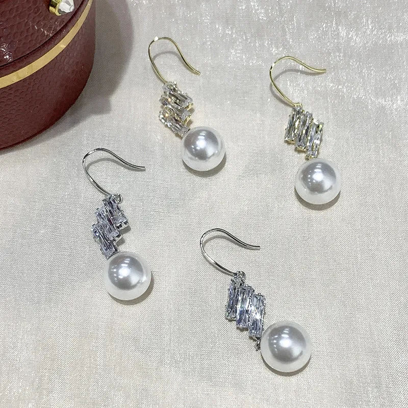 French style micro inlaid sparkling diamond pearl hook earrings in gold colour