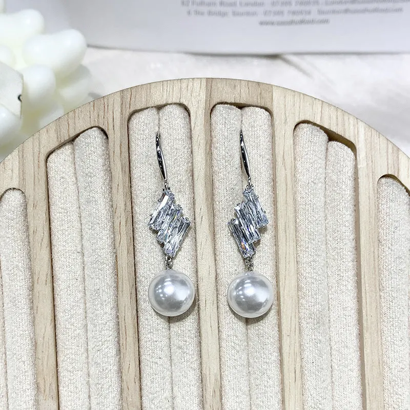 French style micro inlaid sparkling diamond pearl hook earrings in gold colour