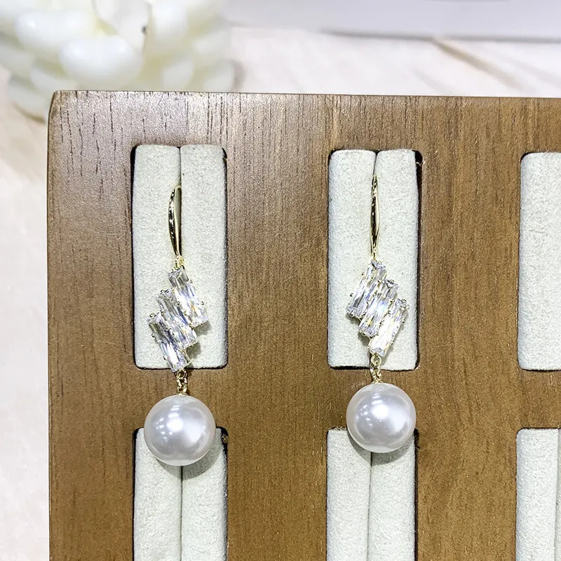 French style micro inlaid sparkling diamond pearl hook earrings in gold colour