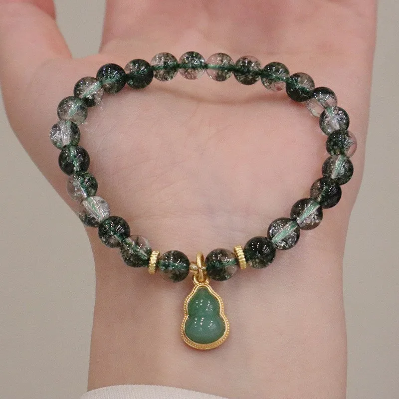 Natural citrine and chorite crystal women's bracelet with green ghost calabash pendant