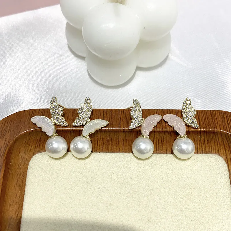 Pearl Zircon Bow Temperament Light Luxury Niche Earrings in pink colour, dangle style