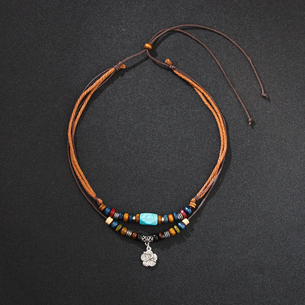 Men's geometric alloy pendant necklace with wooden beads and turquoise wax rope chain
