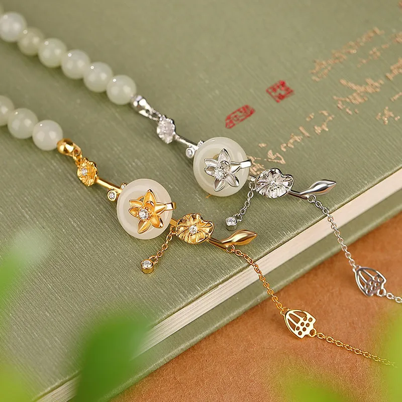 Women's silver bracelet with Hetian jade peace buckle design in gold or silver plating
