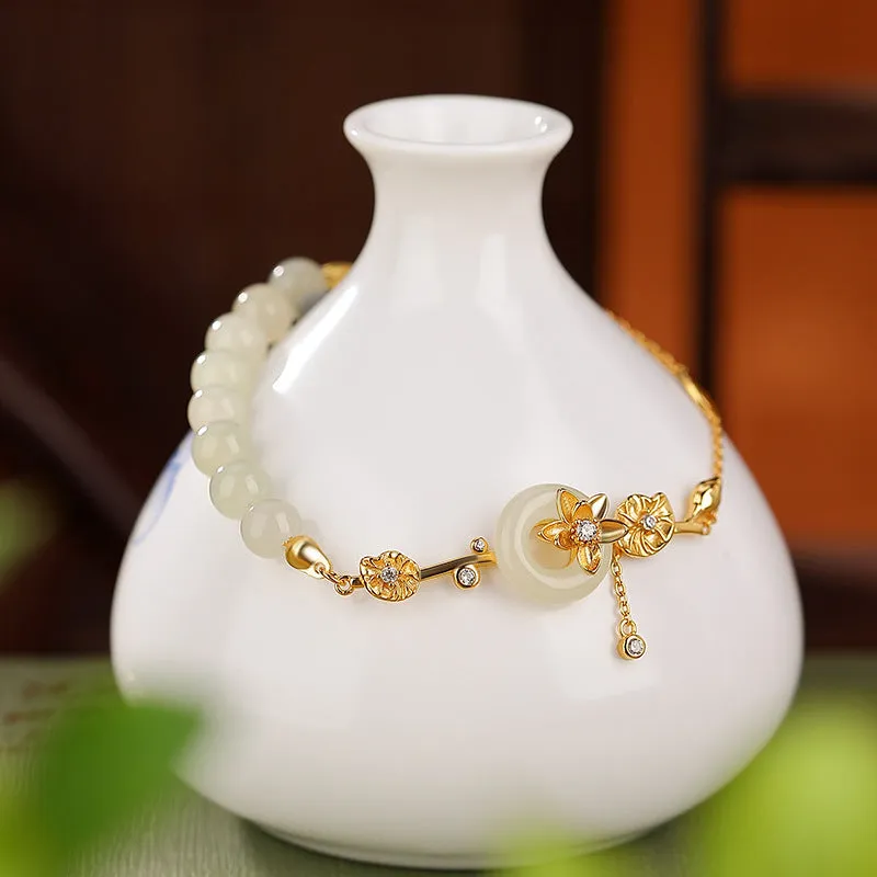 Women's silver bracelet with Hetian jade peace buckle design in gold or silver plating