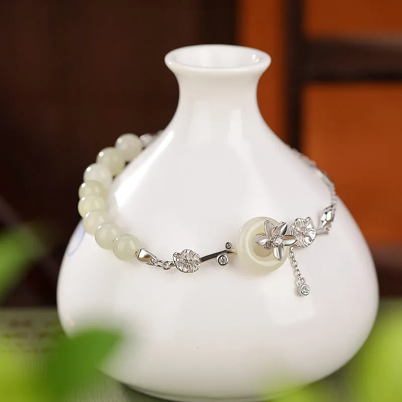Women's silver bracelet with Hetian jade peace buckle design in gold or silver plating