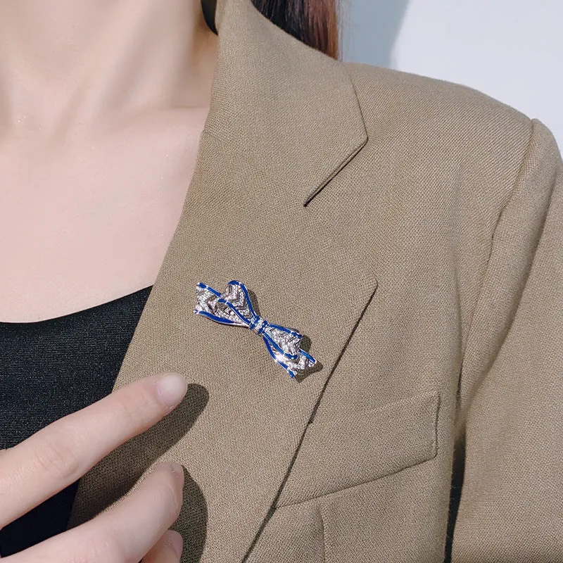 Copper oil dripping floral bow brooch for women suit cheongsam decoration fixation blue red