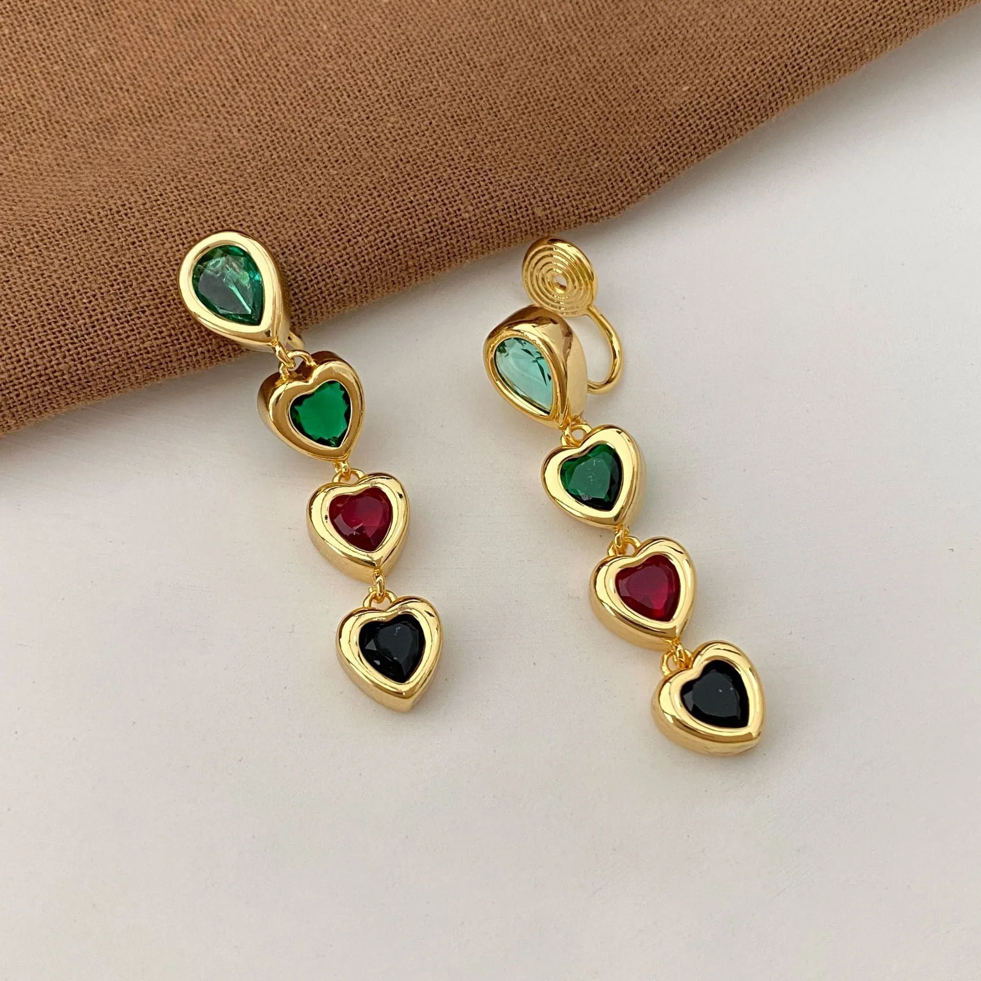Women's copper heart pendant tassel earrings with inlaid zircon, ear clip pair