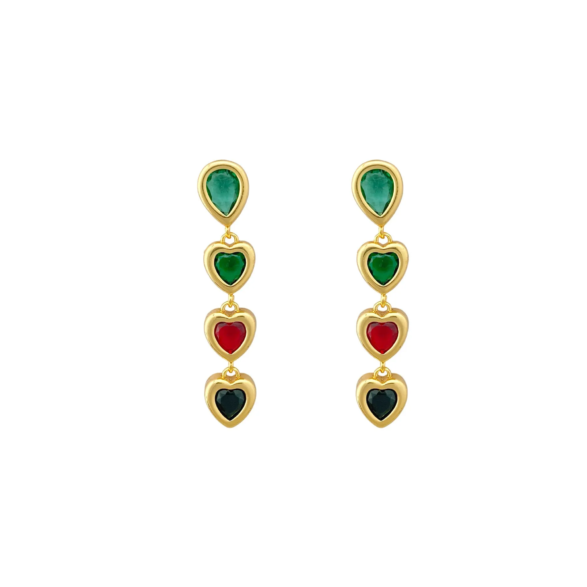 Women's copper heart pendant tassel earrings with inlaid zircon, ear clip pair