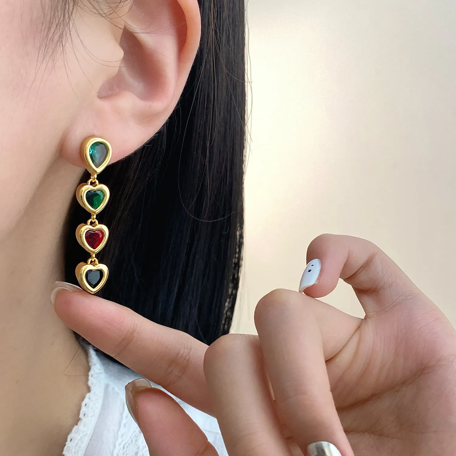 Women's copper heart pendant tassel earrings with inlaid zircon, ear clip pair