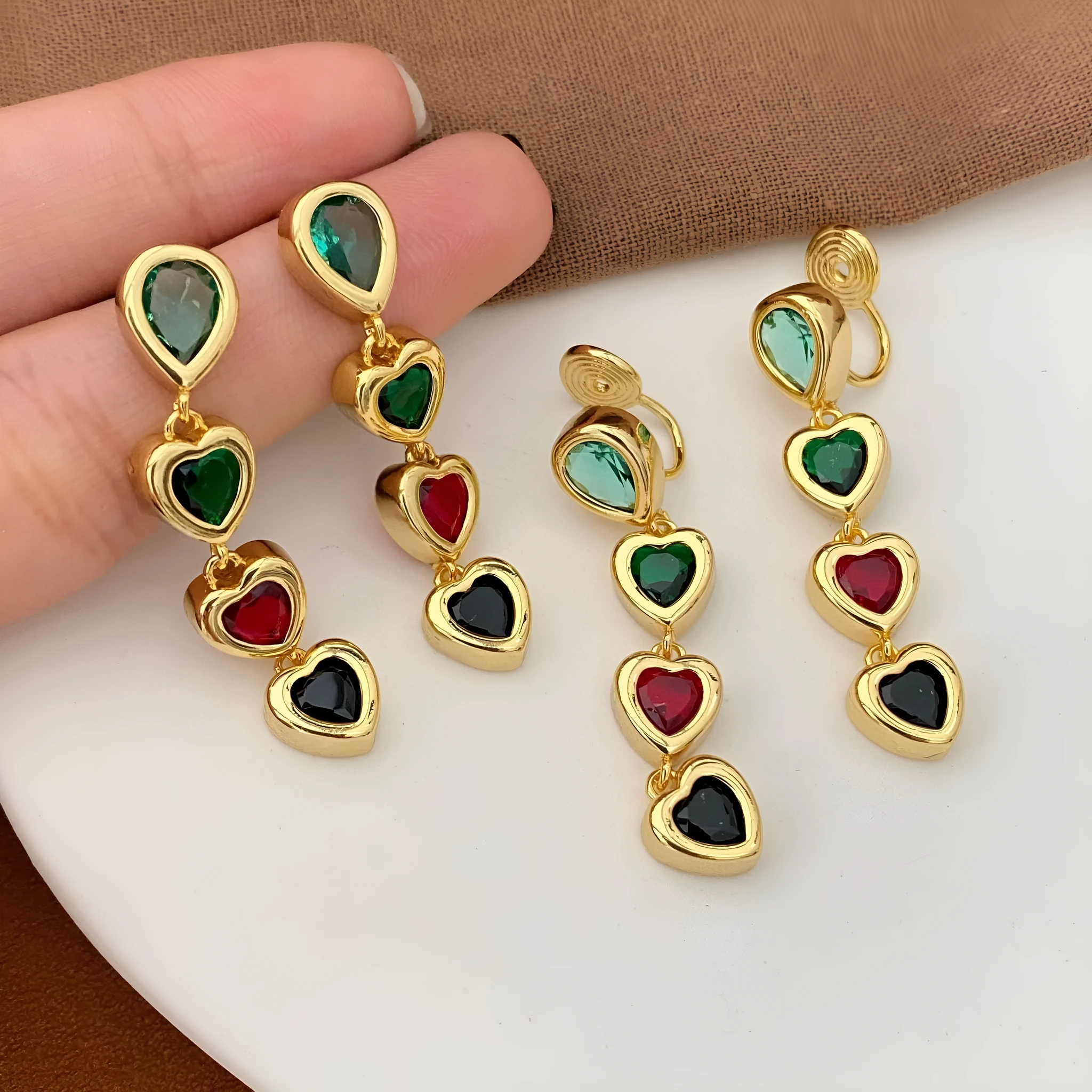 Women's copper heart pendant tassel earrings with inlaid zircon, ear clip pair