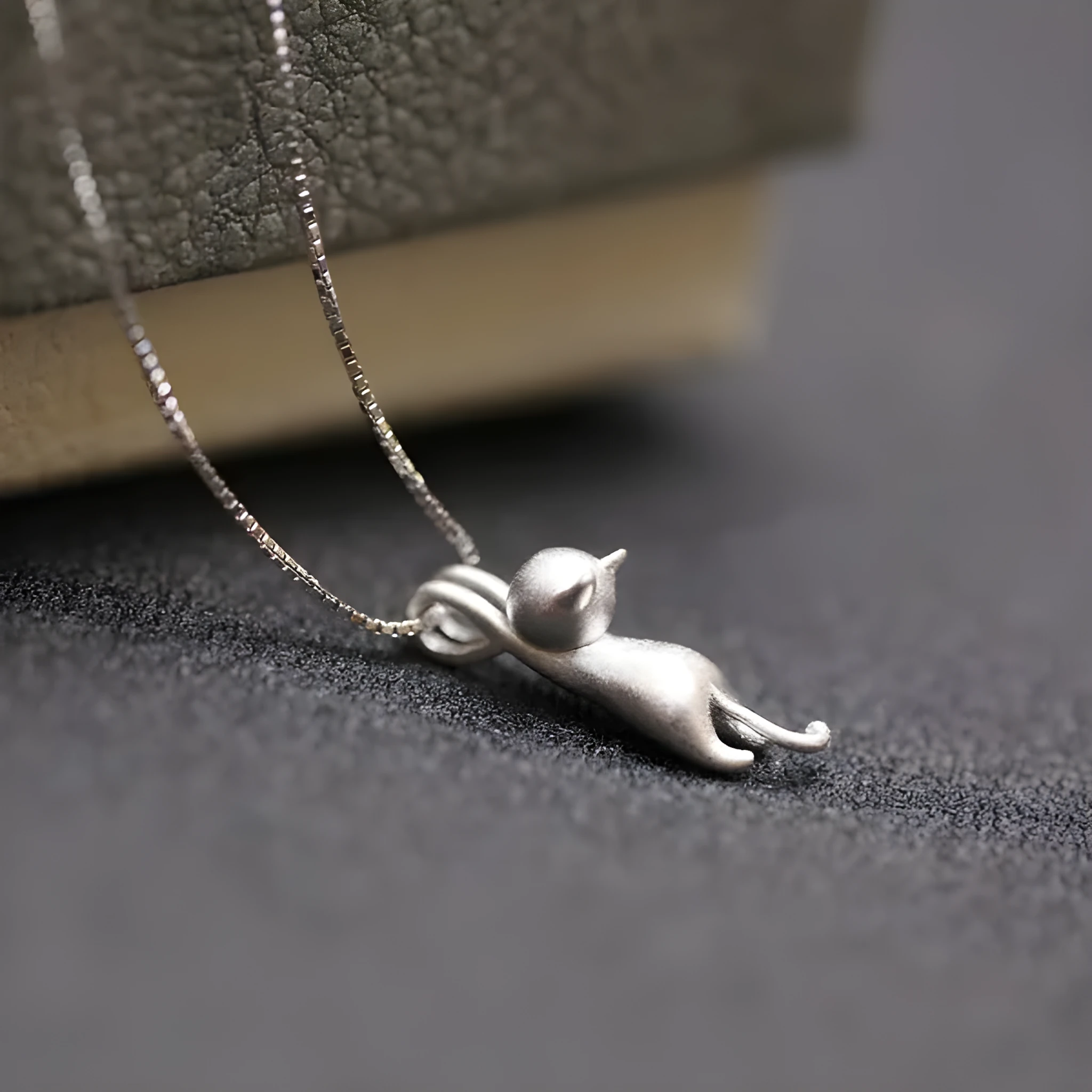 S925 sterling silver cat pendant necklace on box chain, matte and glossy finish options