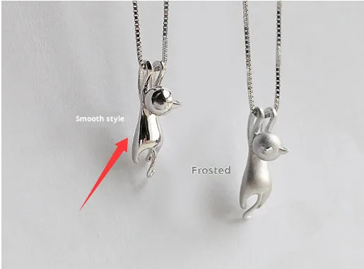 S925 sterling silver cat pendant necklace on box chain, matte and glossy finish options