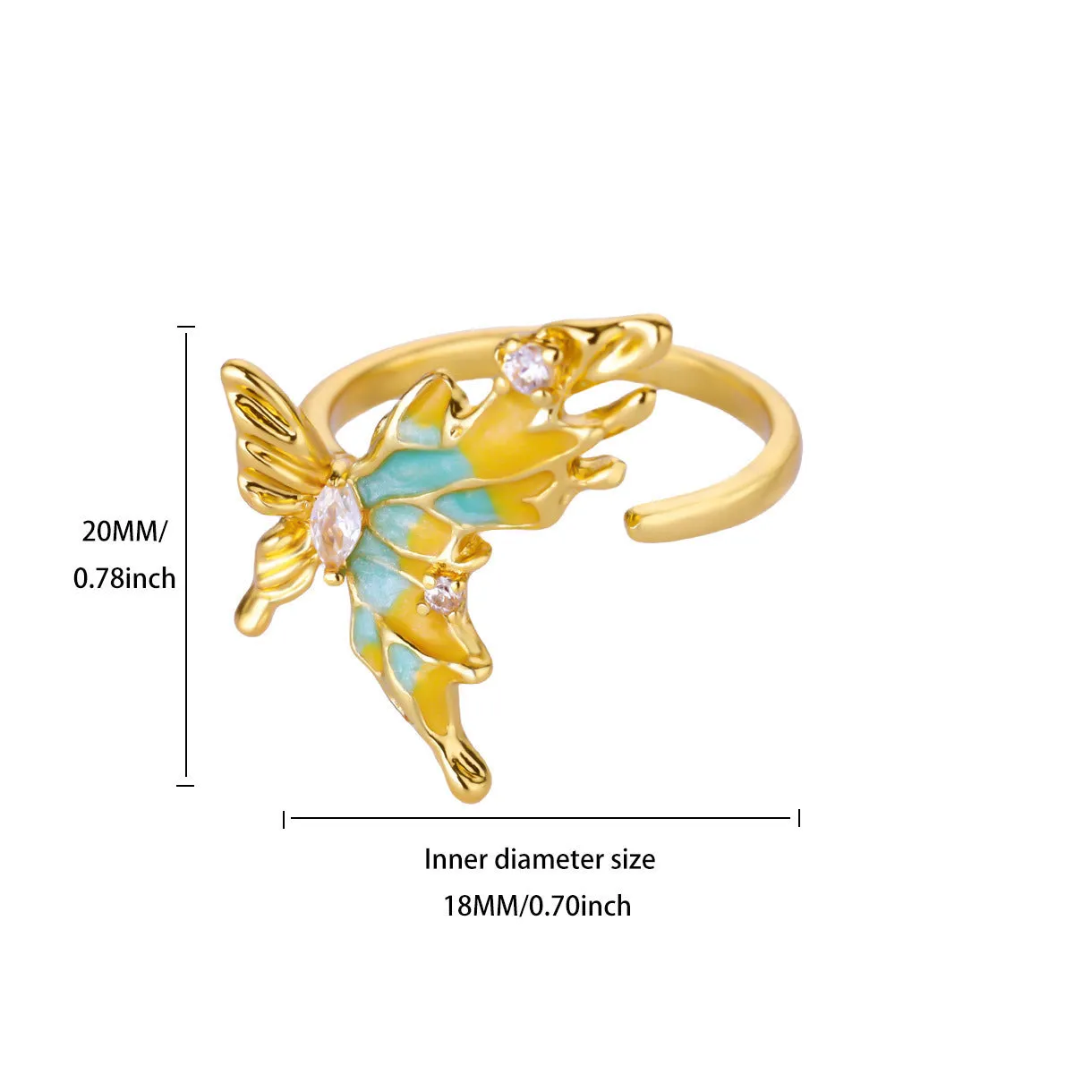 Ice blue oil drop butterfly open ring on copper with adjustable opening for women